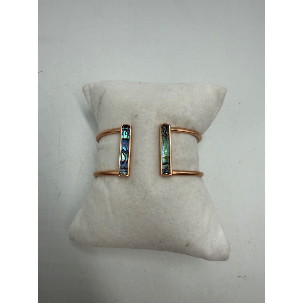 Rose Gold Tone Abalone Shell Inlay Hinged Cuff Bracelet Open Band Modern
